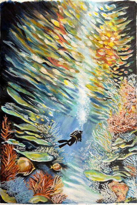 Saatchi Art Artist ; Painting; "A Scuba Diver and Coral Reef" Painted Scuba Fins, Scuba Diver Watercolor, Coral Reef Painting, Marine Life Painting Underwater, Underwater Plants Painting, Underwater Coral Reef Painting, Reef Painting, Coral Reef Illustration Underwater, Diver Art