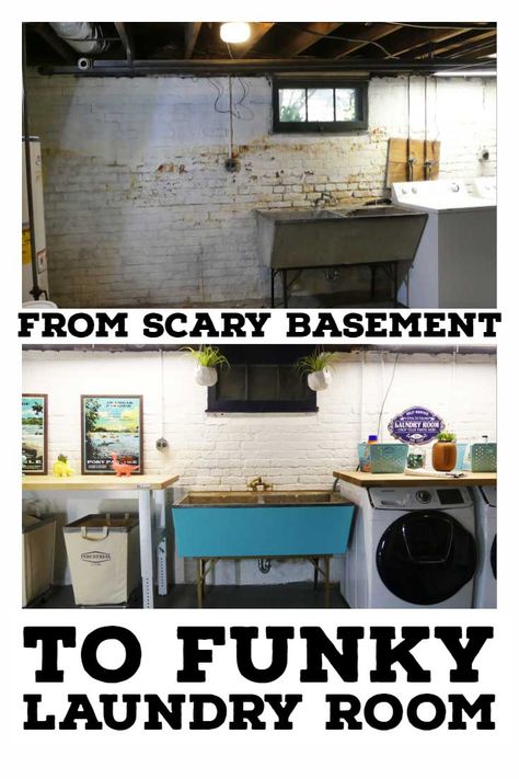 It's the dark and scary basement found in homes across the country, but that doesn't mean it has to stay that way.  See how we updated our space in this laundry room makeover from new appliances to stenciled floors and pops of color at Lazy Guy DIY!  #homeimprovement #laundryroommakeover #laundryroom #laundryroomdecor #homedecor Scary Space, Scary Basement, Unfinished Basement Laundry, Stenciled Floors, Basement Laundry Room Makeover, Laundry Makeover, Basement Laundry Room, Basement Laundry, Diy Basement