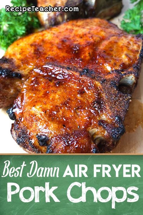 Best Damn Air Fryer Pork Chops. Unbelievable juicy, tender and delicious. Cooked to perfection in an air fryer. #porkchops #airfryer Easy Air Fryer Pork Tenderloin Recipes, Airfare Pork Chops, Air Fryer Recipe For Pork Chops, Recipe For Pork Chops In Air Fryer, Airfrier Pork Chops, Pork Tenderloin Chops In Air Fryer, Bone In Pork Chop Recipe Air Fryer, Thick Pork Chop Recipes Air Fryer, Pork Chops In Air Fryer Recipe