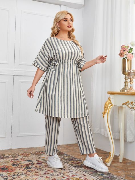 Multicolor Casual  Half Sleeve Cotton Striped  Embellished Non-Stretch Spring/Summer Plus Size Co-Ords Co Ords Outfits Summer, Co Ords Outfits Two Pieces, Co Ords Outfits, Cord Set, Bollywood Outfits, Summer Plus Size, Cute Couple Wallpaper, Top Pants Set, Co Ords