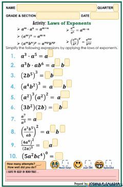 Laws of Exponents Language: English Grade/level: 7 School subject: Math Main content: Exponents Other contents: Laws of Exponents Laws Of Exponents Activities, Exponent Activities, Laws Of Exponents, 8th Grade Math Worksheets, Exponent Worksheets, Math Exercises, Grade 6 Math, Date Activities, Maths Exam