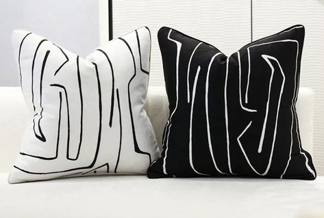 Large Scale Abstract linen pillow cover in black and white/  Graffito design/ pillowcase with pipping  geometric Euro sham toss Black and white pillow cover/ black and white decorative pillows/White and Black stripe/ Black and White Abstract Art Line Pillows black and white throw pillow  black and white pillow set boho black pillow black and white pillow cover Color: white /black Hidden zipper pillow cover  Knife edge finish. The listing is for the pillow-cover only. If you need insert please co Northern Lights, Hemp Material, Black And White Cushions, Material Combination, Pillow Cushions, White Decorative Pillows, Black And White Pillows, Custom Made Curtains, White Pillow Covers