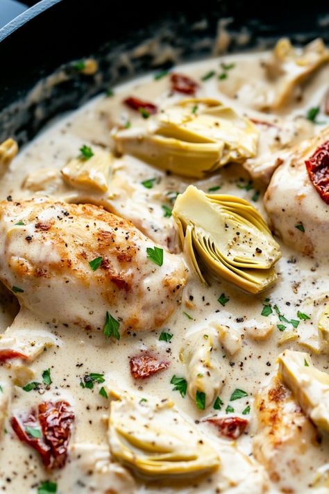 Indulge in a savory culinary experience with our delicious recipe for tender chicken breast paired with flavorful artichoke hearts. This mouthwatering dish is perfect for a cozy family dinner or impressing guests at your next gathering. The combination of juicy chicken and tangy artichokes is sure to please even the pickiest eaters at your table. Treat yourself to a delightful meal that's easy to make and tastes like it came straight from a five-star restaurant. Artichoke Dinner Ideas, Artichoke Chicken Recipes, Recipes With Artichoke Hearts, Canned Artichoke Recipes, Chicken With Artichoke Hearts, Chicken Artichoke Recipes, Keto Chicken Breast Recipes, Artichoke Chicken Bake, Artichoke Stuffed Chicken