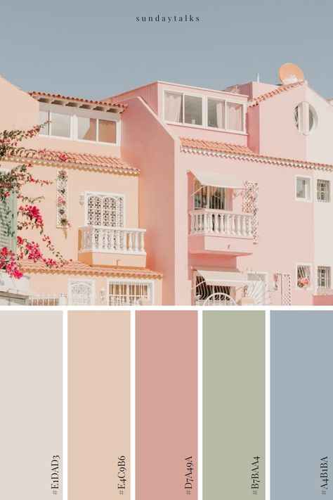 a dusty pastel color palette inspired by the villas of la caleta de adeja in tenerife, spain. Blue Beige Pink Color Palette, Pastel Pink Blue Green Palette, Colour Palette Dusty Pink, Tan Blue Pink Color Palette, Pastel Color Palette Interior Design, Tan Pink Color Palette, Pink Green Blue Palette, Vintage Pastel Color Palette, Tropical Pastel Color Palette