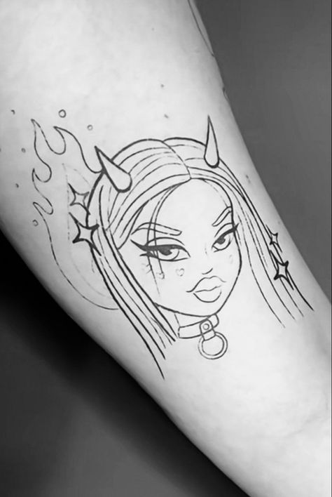 Cartoon Women Tattoo, Matching Bratz Tattoo, Bratz Angel Tattoo, Brat Doll Tattoos For Women, Sasha Bratz Tattoo, Bratz Doll Tattoo Stencil, Bratz Doll Tattoo Design, Bratz Tattoo Stencil, Brats Doll Tattoos