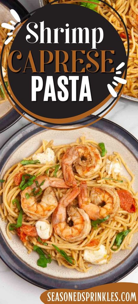 Shrimp Caprese pasta is an easy seafood pasta dish featuring shrimp, tomatoes, and mozzarella in a balsamic wine glaze. Perfect for entertaining or date night in but easy enough for any day. #shrimp #caprese #recipe #mozzarella #basil #tomatoes #pasta #italian #seafood Shrimp Caprese Pasta, Shrimp Caprese, Easy Seafood Pasta, Balsamic Chicken Pasta, Caprese Recipe, Seafood Pasta Dishes, Italian Seafood, Tomatoes And Mozzarella, Brunch Aesthetic