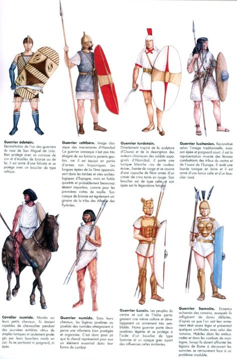 The army of Hannibal. Second Punic War. This illustration shows some of the warriors from the nations that Hannibal used in his campaign. Classical Antiquity, Carthaginian Army, Ancient Carthage, Hannibal Barca, Punic Wars, Warriors Illustration, Historical Warriors, Empire Romain, Ancient Warfare