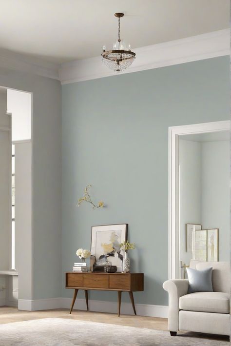 misty wall paint, living room design, paint colors, interior decor Colour Combo For Living Room, Piedmont Sherwin Williams, Dusty Blue Wall Paint, Interior Paint For Small House, Sitting Room Wall Painting Ideas, Room Paint Colors Combination, Sw Misty Paint, Hallway Wall Color Ideas, Home Wall Colour Combination