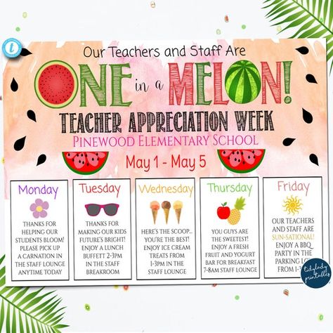 Teacher Appreciation Week Themes, Teacher Appreciation Themes, Charity Work Ideas, Sunshine Committee, Teacher Morale, Schedule Of Events, Staff Appreciation Week, Week Schedule, Fundraising Tips