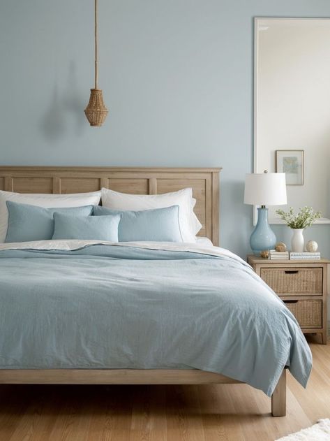 Create a tranquil space by painting one wall a light blue shade to serve as a soothing accent. Pair it with crisp white bedding, and add natural elements like a wooden dresser or wicker chair for a refreshing touch. Pale Blue Accent Wall, Light Blue Master Bed, Light Blue And Tan Bedroom, Light Blue Headboard Bedroom, Light Blue Wall Bedroom Ideas, Light Blue Wall Bedroom, Light Blue Accent Wall Bedroom, Light Blue Walls Bedroom, Light Blue Accent Wall