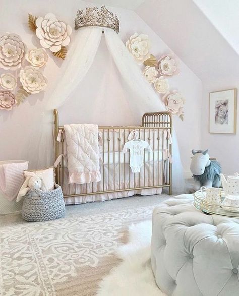 The Beast's Light - An Angel is Born - Wattpad Behind The Crib Wall Decor, Baby Girl Princess Nursery, Girly Nursery Ideas, Roses Nursery, Glam Nursery, Beige Roses, Nursery Deco, Princess Nursery, Adorable Nursery