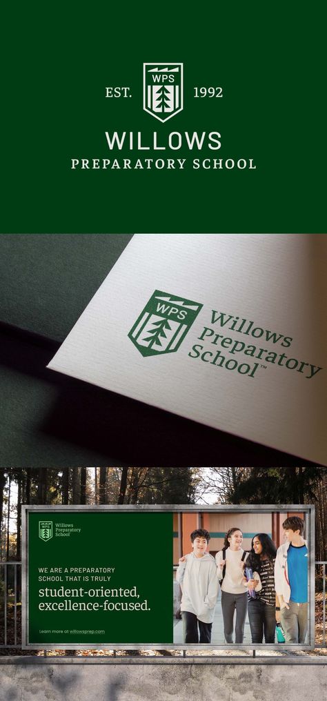 Creative Chameleon Studio - Brand Redesign For Willows Preparatory School – A pencil and bookmark, two images that instantly evoke the idea of education, are built into the logo’s icon. At its heart lies a pine tree, grounding the school in its Pacific Northwest roots. Crowning the icon is a silhouette of the school’s three-peaked building. Together, these elements compose a powerful and recognizable school crest that’s simple, yet deeply layered and nuanced. – #branding #branddesign School Typography Design, Private School Branding, Education Branding Design, Academic Branding, School Branding Design, School Logo Ideas, Educational Branding, Elementary School Logo, School Logo Design Ideas