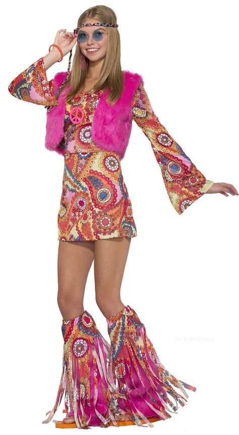 Hippy Fancy Dress, Groovy Costume, 70s Fancy Dress, Hippie Costume Halloween, Flower Power Dress, Hippie Halloween, Moda Hippie, Outfits 70s, Fancy Dress Outfits