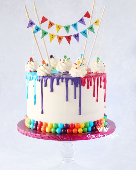 Rainbow retirement drip cake with rainbow bunting and rainbow border Cake With Rainbow, Rainbow Border, Cake Rainbow, Retirement Cake, Rainbow Bunting, Rainbow Birthday Cake, Bowl Cake, Salty Cake, Gateaux Cake