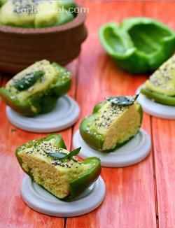 Dhokla Sushi with Bell Peppers recipe | by Tarla Dalal | Tarladalal.com | #41200 Khaman Dhokla, Dhokla Recipe, Veg Snacks, Bell Pepper Recipes, Recipe Indian, Vegetarian Snacks, Sushi Recipes, Indian Snack Recipes, Indian Snacks