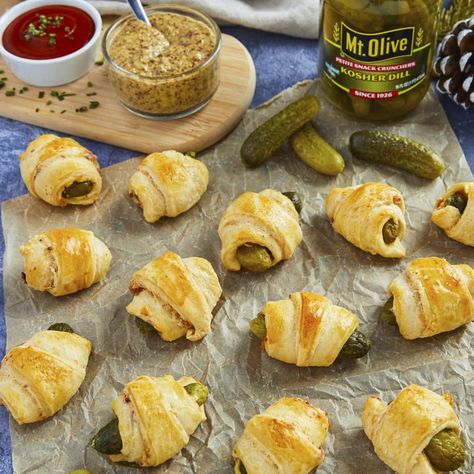 Pickles in a Blanket - Mt Olive Pickles Pickle Popcorn, Pickle Appetizer Recipes, Pickle Appetizers, Pickle Recipes, Classic Appetizers, Recipes Appetizers And Snacks, Pickling Recipes, A Blanket, I Love Food