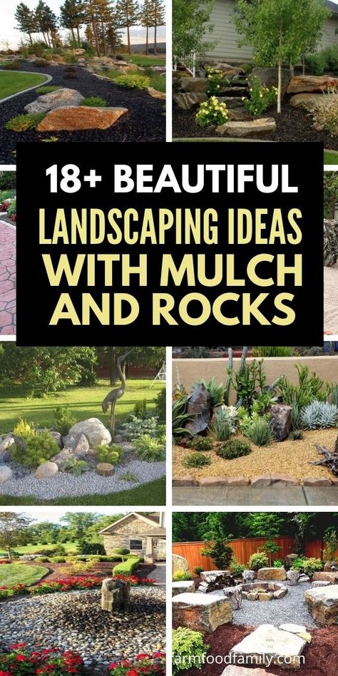 18+ Best Landscaping Ideas & Designs With Mulch And Rocks Rocks Around Garden Beds, Flowerbeds Around House With Rock, Decorative Bark Garden Ideas, Garden Design Rocks, Front Yard Stone Landscaping Ideas, Rock And Bark Landscaping Ideas, Crushed Slate Landscaping, Landscape With Mulch And Rocks, Rock And Plant Landscaping