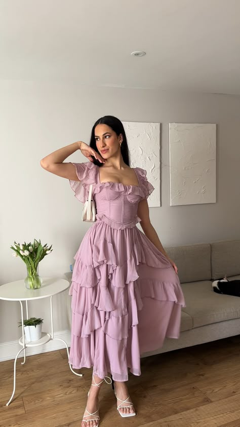 Summer Wedding Guest Dress With Sleeves, Asos Dress Wedding Guest, Aphrodite Inspired Outfits, Bday Dress Ideas, Fancy Midi Dress, Purple Corset Dress, Wedding Guest Dress Pink, Asos Wedding Dress, Evening Dress Outfit