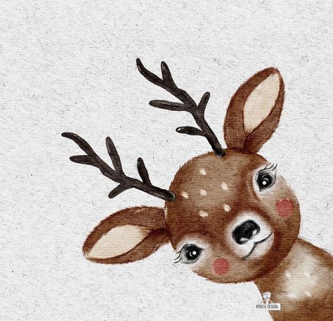 Watercolour Reindeer Christmas Card, Christmas Reindeer Watercolor, Christmas Card Ideas Reindeer, Simple Animal Watercolor, Christmas Animals Watercolor, Cute Reindeer Illustration, How To Draw A Reindeer, Christmas Deer Drawing, Reindeer Paintings