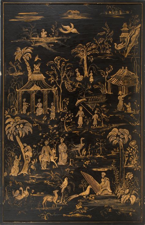 BLACK AND GOLD CHINOISERIE WOOD PANEL with Antiques And Collectibles, Price Guide, Wood Panel, Abstract Paintings, Chinoiserie, Black And Gold, Collectibles, Wood, Gold