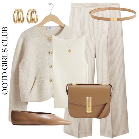 Workwear with beige tones 🤎 💻 Trendy Cream Bag With Gold-tone Hardware, Designer Beige Winter Cardigan, Chic Beige Knit Cardigan, Beige Winter Outfit, Luxury Beige Cardigan, Luxury Beige Knit Cardigan, Glitter Cardigan, Tea Outfit, Outfits Juveniles