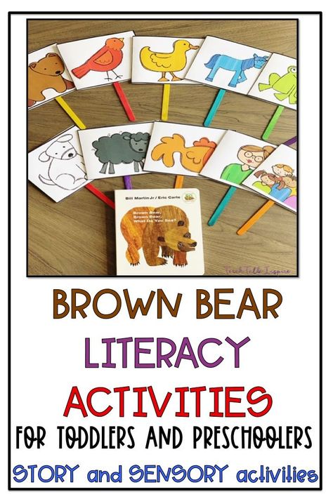 Library Theme Preschool Activities, Brown Bear Sensory Bin, Brown Bear Brown Bear Sensory Bin, Toddler Literacy Activities, Brown Bear Sensory Activities, Brown Bear Color Matching, Literacy Activities For Toddlers, Brown Bear Fine Motor Activities, Bear Literacy Activities Preschool