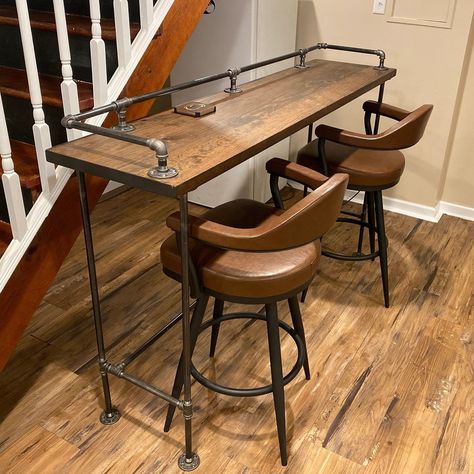 Industrial Vintage Style High Bar Table With Drink Rail Solid - Etsy Rustic Bar Table & Stools, Tall Bar Table High Tops, Vintage Bar Table, Repurpose Bar Stool Ideas, Bar High Table, Island Extension, High Top Bar Table, Industrial Bar Table, Drink Rail