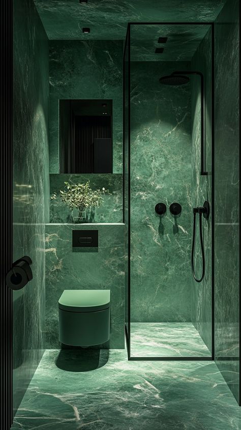 Dive into this emerald dream! Green bathroom goals reached with floor-to-ceiling marble creating a luxe spa vibe. The moody green bathroom marble and green combo is giving main character energy. Tag someone who'd love this forest-inspired sanctuary!