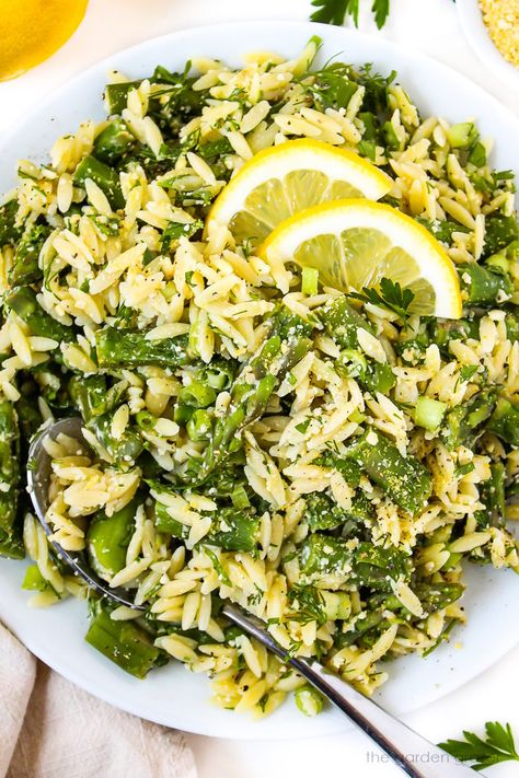 Lemon Asparagus Orzo (Easy, Vegan!) Orzo Easy, Recipe With Parsley, Asparagus Orzo, Orzo Casserole, Broccoli With Garlic Sauce, Garden Grazer, Ways To Cook Asparagus, Spring Side Dishes, Pasta With Lemon