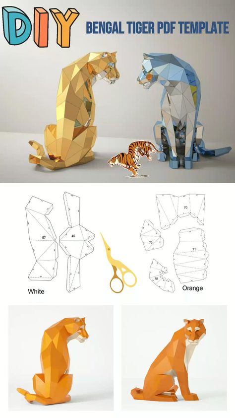 Bengal Tiger Papercraft PDF Template, Low Poly DIY Sculpture Bengal tiger is sitting. Strong animal in a calm pose waiting for a delicious snack. Large polygonal model, medium difficulty. 37 pages A4 PDF Diy Sculpture, Paper Tiger, Diy Paper Toys, Recycled Paper Crafts, Craft Projects For Adults, Paper Art Sculpture, Tiger Crafts, Paper Christmas Ornaments, 3d Paper Art