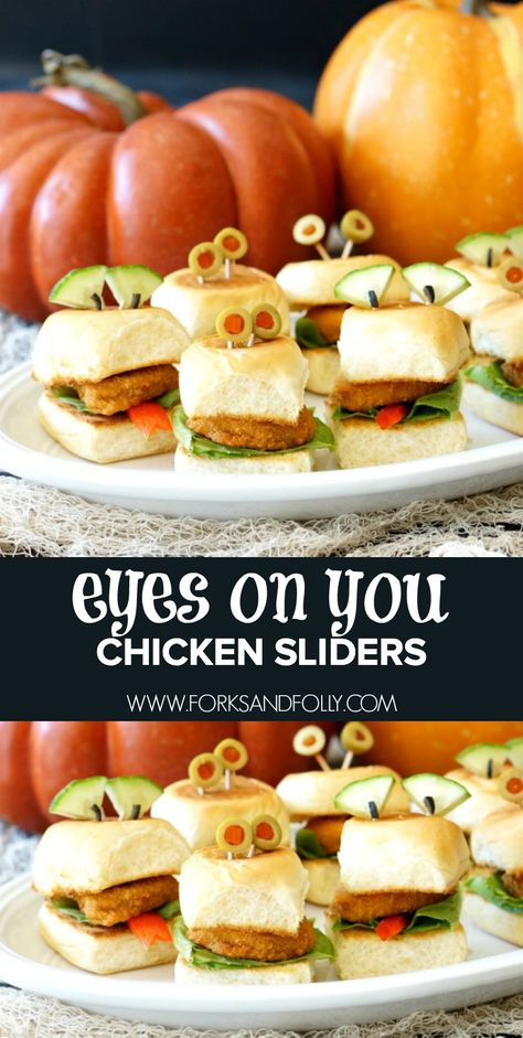 AD Looking for a 'Mummy'-approved Halloween treat? These Halloween Chicken Nugget Sliders with monster eyes are the sandwich for the season! With a drizzle of barbecue sauce and a few kid-approved veggies, we’re sandwiching the @TysonFoods Chicken Nuggets between toasted slider rolls. Yum! #HalloweenWithTyson Monster Sliders Halloween, Halloween Chicken Recipes, Halloween Chicken Nuggets, Halloween Sliders Sandwiches, Chicken Nugget Sliders, Halloween Sliders, Halloween Nuggets, Halloween Food Dishes, Halloween Food Hacks