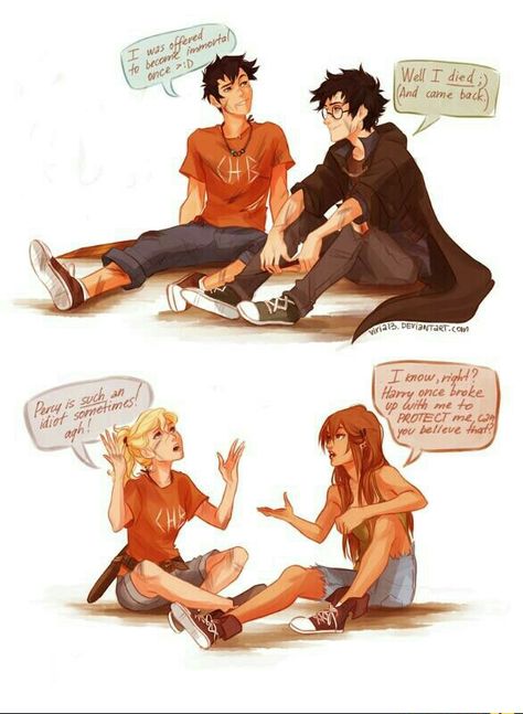 Percy Jackson and Harry Potter crossover  Art: Viria Percy Jackson Crossover, Harry Potter Crossover, Percy Jackson Comics, Harry And Ginny, Harry Potter Comics, Percy Jackson Fan Art, Percy Jackson Characters, Percy Jackson Memes, Leo Valdez