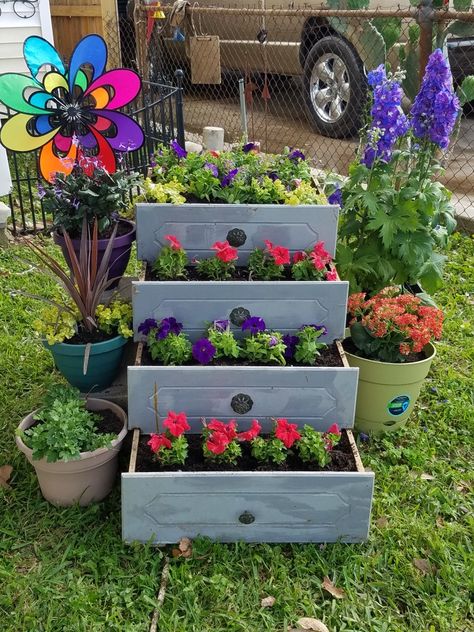 Drawer Flower Boxes, Dresser With Flowers In Drawers, Drawer Garden Planters, Drawer Planters, Veg Garden Ideas, Greenhouse Shelving, Sloping Garden Ideas, Patio Fencing, Art Garden Ideas