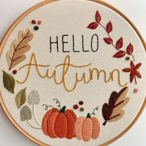 Fall Hand Embroidery Designs, Autumn Embroidery Designs, Autumnal Embroidery, Autumn Embroidery Patterns, Harvest Embroidery, Monthly Embroidery, Harvest Art, Halloween Advent Calendar, Autumn Embroidery