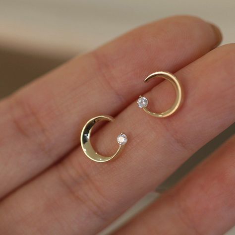 Moon Stud Earrings, Simple Gold Earrings, 14k Gold Plated Jewelry, Moon Studs, Gold Moon, Circle Studs, Stud Earrings For Women, Trendy Earrings, Crystal Stud Earrings