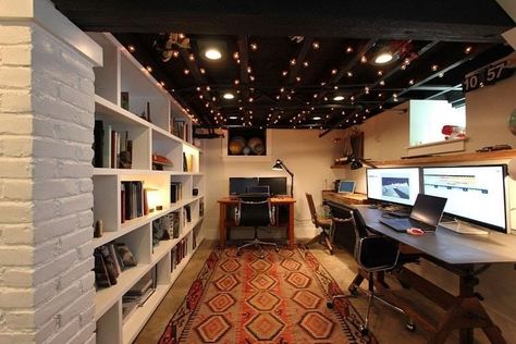 31+ Unfinished Basement Ideas & Designs To Spruce Up Your Room (2021) Unfinished Basement Ceiling, Exposed Basement Ceiling, Basement Home Office, Unfinished Basement Ideas, Low Ceiling Basement, Basement Studio, Basement Lighting, Basement Office, Basement Remodel Diy