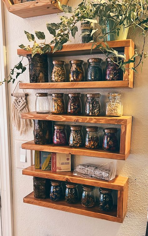 Apothecary Branch Shelf / Apothecary Cabinet for Jars / - Etsy Home Apothecary Cabinet, Apothecary Room Aesthetic, Hobbitcore Interior, Apothecary Shelf Display, Apothecary Decor Bedroom, Built In Apothecary Cabinet, Bedroom Apothecary, Apothecary Shelves Display, Herbal Apothecary Decor