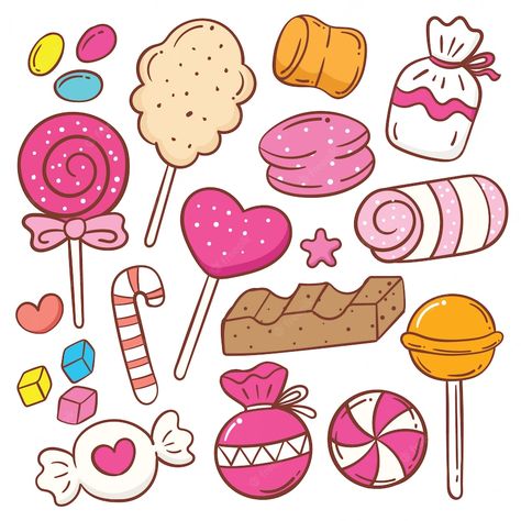 Premium Vector | Cute sweets cartoon doodle set Candy Drawing, Eid Stickers, Sweet Drawings, Food Doodles, Kids Doodles, Candy Art, Easy Coloring Pages, Cartoon Drawing, Cute Easy Drawings