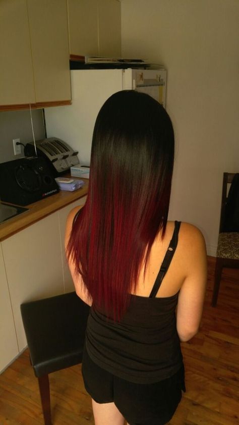 Cherry Red Hair Colors That Will Turn Heads Black Into Red Hair, Red Ombre On Black Hair, Black And Red Straight Hair, Black On Top Red On Bottom Hair, Red Hair Roots Black, Red Hair Bottom Layer, Black Fade To Red Hair, Black Faded Into Red Hair, Dark Red Tips On Brown Hair