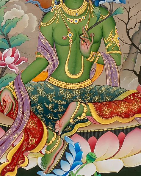 ✨Divine grace✨: Green Tara's serene presence embodies compassion and enlightenment, inspiring seekers on their spiritual journey. Green Tara, revered as the compassionate goddess of liberation in Buddhism, embodies boundless grace and enlightenment. Her radiant form, depicted in vibrant green hues, symbolizes the nurturing and protective qualities of the divine feminine. Devotees turn to Green Tara for solace and guidance, seeking her swift aid in overcoming obstacles and finding refuge amid... Green Tara Goddesses, Tara Devi, Maa Tara, Goddess Tara, Tara Goddess, The Divine Feminine, Divine Grace, Overcoming Obstacles, Tibetan Art