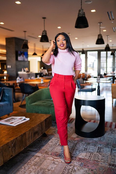 Stella-Adewunmi-of-Jadore-Fashion-shares-How-to-wear-pink-and-red-together Light Pink Top Outfit Work, Red Pants Pink Top Outfit, Pink And Red Christmas Outfit, Red Trousers Outfit Classy, Valentines Outfits For Women, Red Trousers Outfit, Red Outfits For Women, Red Christmas Outfit, Pink Top Outfit