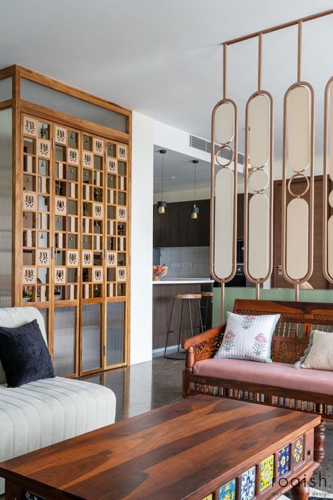 A Melody Of Contemporary Interior Design With A Chorus Of Ethnicity | Roaish architecture + design - The Architects Diary Arch Partition, Yellow Chairs, Ethnic Furniture, Tv Unit Furniture Design, Temple Design For Home, Bedroom Interior Design Luxury, Pooja Room Door Design, Pooja Room Design, Room Door Design