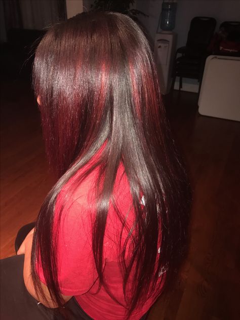 Full Sew- In Red Highlight Weave Black And Red Sew In Weave, Red And Black Sew In, Highlight Weave, Sew In Leave Out, Red Sew In, Full Sew In, Colorful Hairstyles, Red Streaks, Sew In Weave