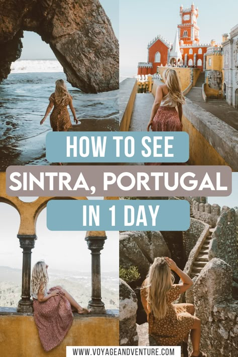 How To See Sintra Portugal in 1 Day. The Most Perfect Day Trip To Sintra Portugal. An alluring gem just half an hour away from Lisbon, Sintra is best known for its historical and beautiful castle. Sintra is the perfect day trip from Lisbon and there is a lot to see in this beautiful area of Portugal. Best things to do in Sintra | Sintra Day Trip | Sintra Itinerary | Lisbon Day Trips | Sintra Day Trip Itinerary, Sintra Instagram Spots, Sintra Day Trip, Things To Do In Sintra Portugal, Sintra Portugal Outfit, Sintra Photoshoot, Sinatra Portugal, Lisbon Day Trips, Lisbon Portugal Travel