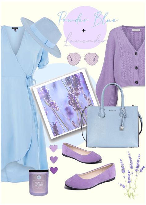 Purple And Sky Blue Combination Dress, Light Blue And Purple Outfit, Powder Blue Color Combination Outfit, Lavender Color Palette Outfit, What To Wear With Lilac, Lilac And Blue Outfit, Lavander Outfits Aesthetic, Powder Blue Outfit Color Combos, Lavender And Blue Outfit