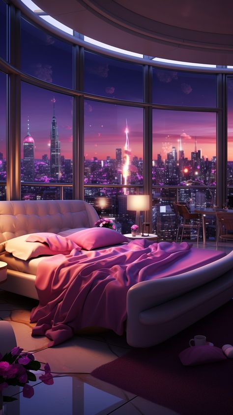 Luxury aesthetic New York apartment bedroom with a view 🌌 Night Club Bedroom Aesthetic, New York Apartment Aesthetic Living Room, New York Penthouse Interior, Penthouse Luxury Bedroom, Bedroom Background For Editing, Penthouse Bedroom Aesthetic, New York Bedroom Ideas, New York Loft Aesthetic, New York Apartment Bedroom