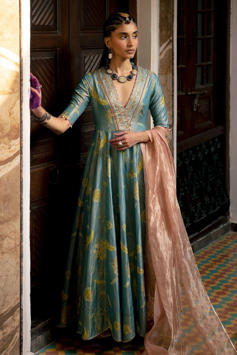 Shop for these amazing collections of Blue Anarkali: Tissue Silk Printed And Embroidered Floral With Dupatta For Women by Rajiramniq online at Aza Fashions. Luxury Katan Silk Anarkali Set With Resham Embroidery, Luxury Multicolor Embroidered Anarkali Set With Dabka Work, Luxury Cotton Silk Anarkali Set With Resham Embroidery, Luxury Anarkali Unstitched Suit With Multicolor Embroidery, Luxury Anarkali Style Embroidered Fabric With Zari Work, Luxury Embroidered Tussar Silk Anarkali Set, Luxury Silk Thread Anarkali Set With Resham Embroidery, Luxury Katan Silk Anarkali Set With Zari Weaving, Luxury Anarkali Straight Kurta Embroidered Fabric