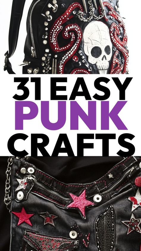 Get these DIY punk crafts to make and sell! Punk Cricut Projects, Punk Gifts Diy, Diy Punk Backpack, Punk Skirt Diy, Punk Craft Ideas, Punk Sewing Patterns, 2000s Punk Outfits, Emo Accessories Diy, Diy Punk Accessories