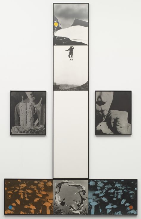 John Baldessari. High Flight. 1986. Gelatin silver prints with oil tint and synthetic polymer paint, mounted and framed in four parts. Overall 8' 7 3/8" x 64 5/8" (263.9 x 164.8 cm). Sid R. Bass Fund. 359.1990.a-d. © 2019 John Baldessari. Painting and Sculpture Photo Installation, Inspirational Sculpture, Narrative Photography, John Baldessari, Notes Art, Conceptual Artist, E Cards, Modern And Contemporary Art, Exhibition Display