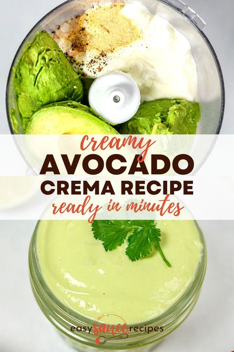 Avocado Crema Recipe, Mexican Sauce Recipes, Guacamole Sauce, Easy Sauce Recipe, Crema Recipe, Mexican Sauce, Avocado Crema, Avocado Cream, Avocado Sauce